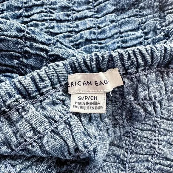 American Eagle Smocked Blue Denim Halter Top - Picture 6 of 10